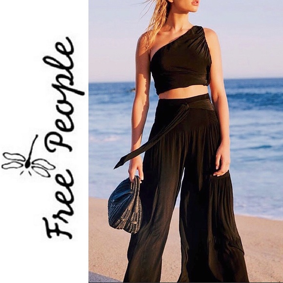 Free People Pants - NEW FREE PEOPLE Black “Maggie” Set One-Shoulder Crop Top & Tiered Wide Leg Pants